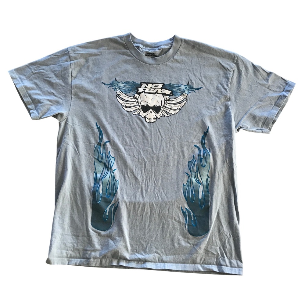 No Fear Graphic T-Shirt Mens XL Light Blue Winged Skull Blue Flames Cotton Tee
